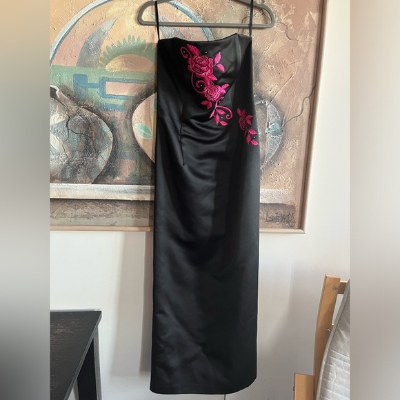 Jessica McClintock Gunne Sax Vintage Black Satin Floral Embroidered Forma Gown - Picture 1 of 12